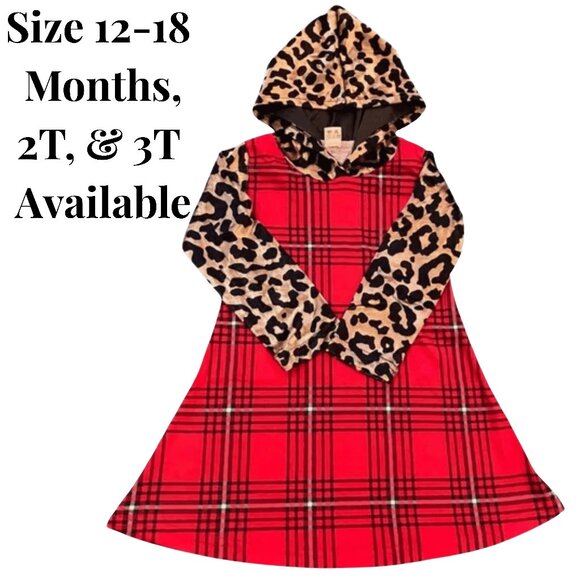 Christmas Toddlers Dress Red Plaid Leopard Print Hood A-line Size 3T - Picture 1 of 7